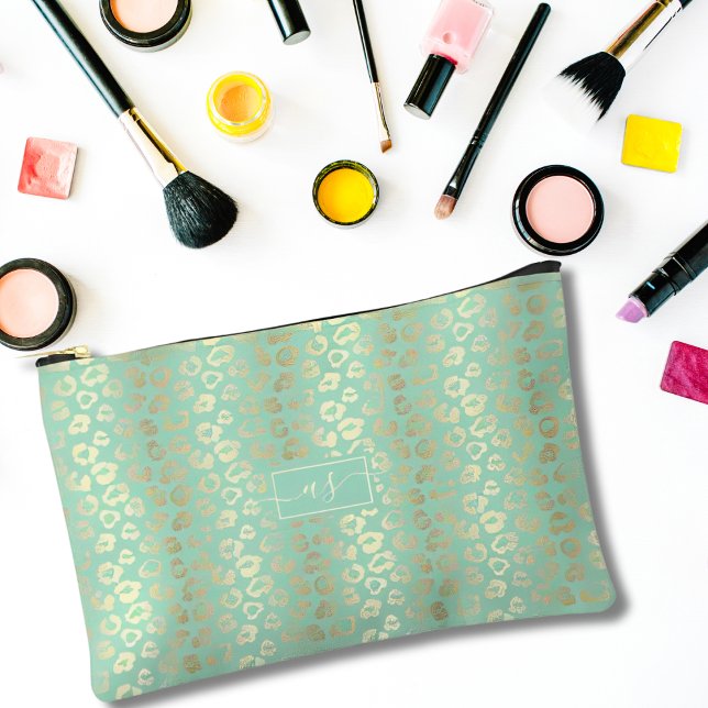 Gold Foil Mint Green Leopard Print Monogrammed Accessory Pouch (Creator Uploaded)
