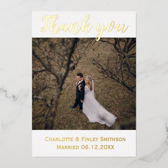 Gold foil modern 2 photo wedding thank you card (Front)