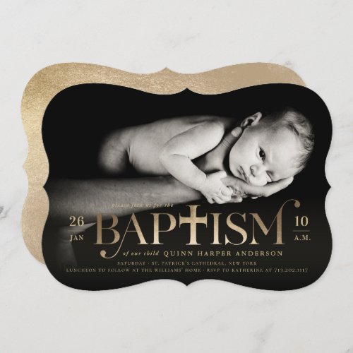 Gold Foil Modern Bold Cross Baptism Photo Invite