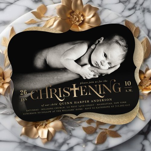 Gold Foil Modern Bold Cross Christening Religious Invitation