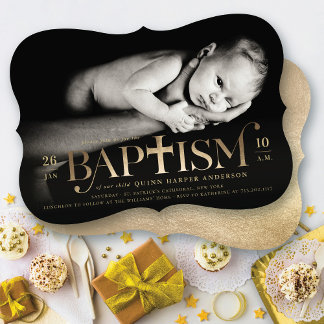 Gold Foil Modern Classic Bold Cross Baptism Photo Invitation