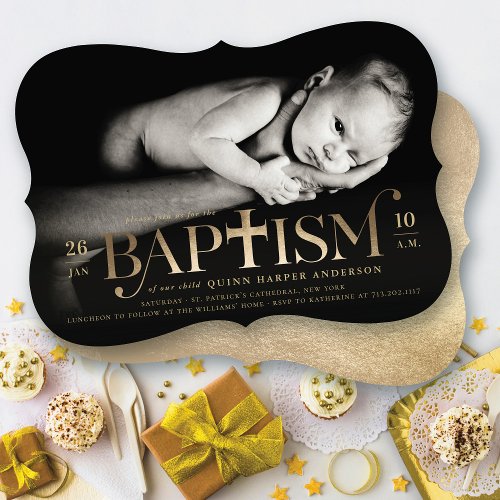 Gold Foil Modern Classic Bold Cross Baptism Photo Invitation