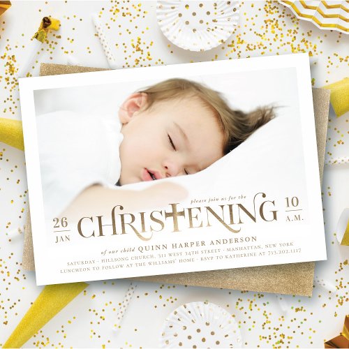 Gold Foil Modern Cross Christening Photo Religious Invitation