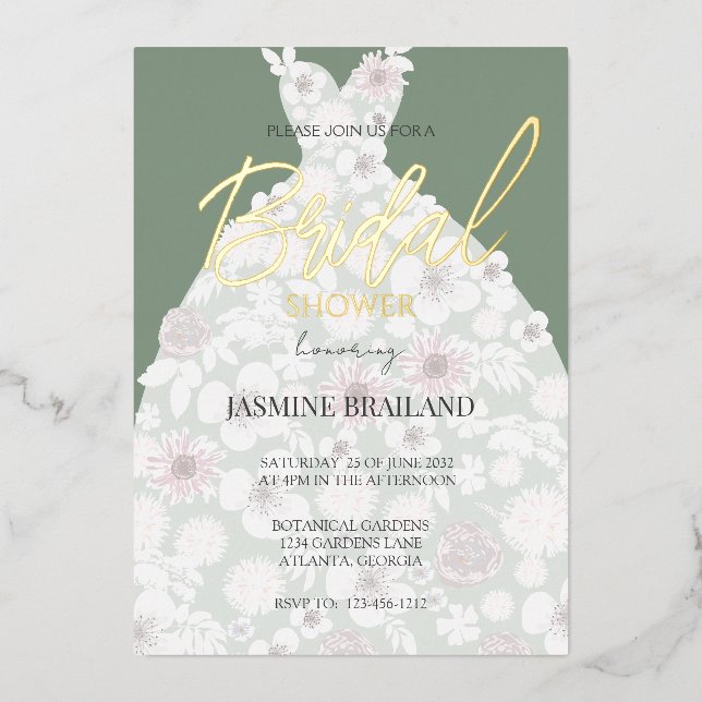 Gold Foil Modern Floral Dress Bridal Shower Foil Invitation (Front)