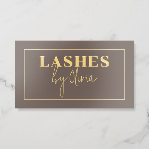 Gold Foil Modern Lashes Script Business Card Brown