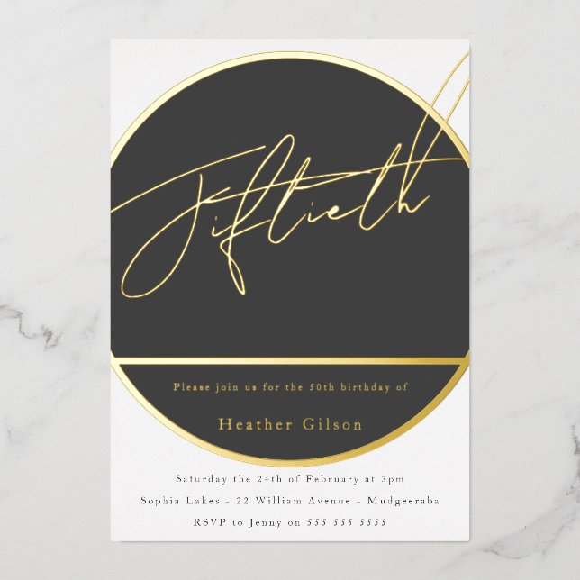 Gold Foil Modern Mens Womans 50th Birthday Party Foil Invitation (Front)