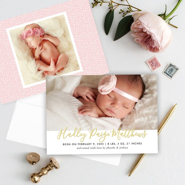 Gold Foil Modern Script Photo Birth Announcement (Creator Uploaded)