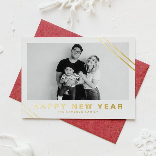 Gold Foil Modern Stripes Photo Happy New Year Foil Holiday Card
