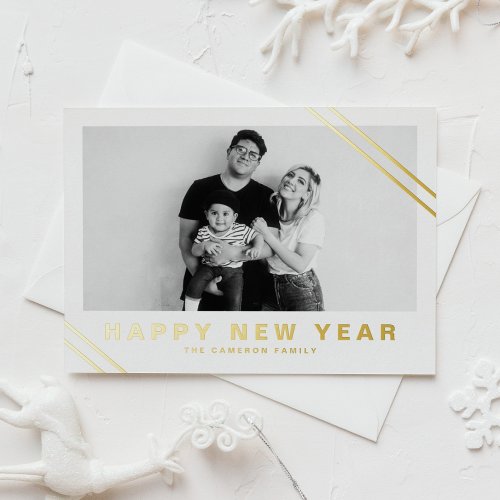 Gold Foil Modern Stripes Photo Happy New Year Foil Holiday Postcard