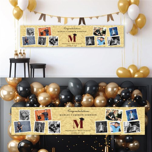 Gold Foil Monogram 10 Multi Photo Graduation Party Banner