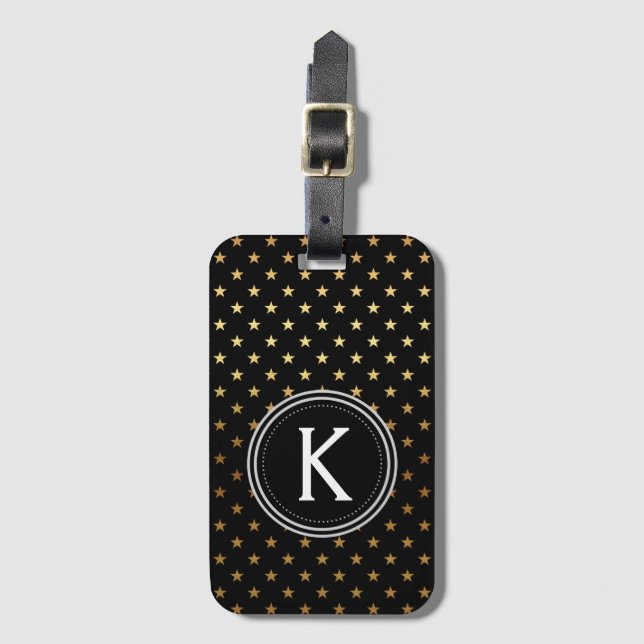Gold Foil Monogram and Stars Luggage Bag Tag (Front Vertical)