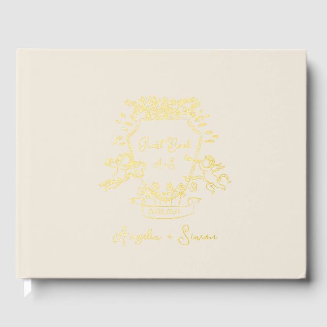 Gold Foil Monogram Beige Wedding Guest Book (Front)