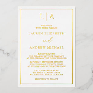 Gold Foil Monogram Border Minimalist Wedding Invitation