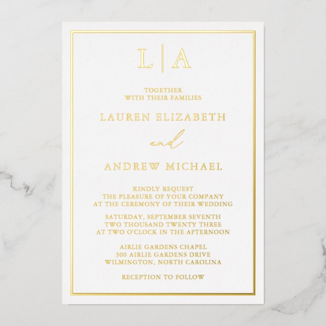 Gold Foil Monogram Border Minimalist Wedding Invitation (Front)