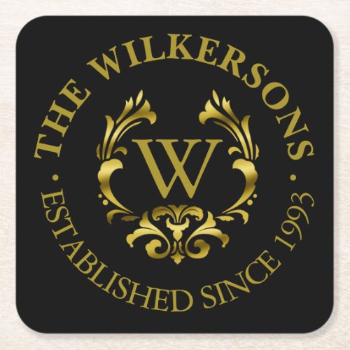 Gold Foil Monogram Emblem  Choose Your Color Square Paper Coaster