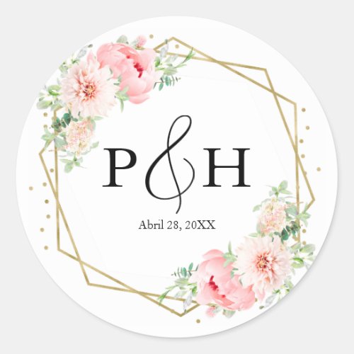 Gold Foil Monogram Geometric Blush Floral Wedding Classic Round Sticker