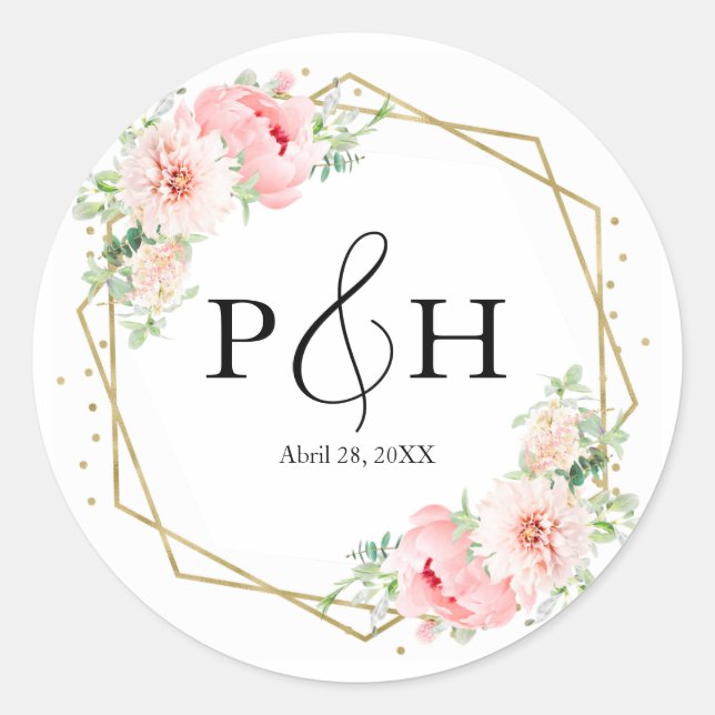 Gold Foil Monogram Geometric Blush Floral Wedding Classic Round Sticker (Front)