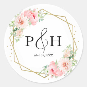 Gold Foil Monogram Geometric Blush Floral Wedding Classic Round Sticker