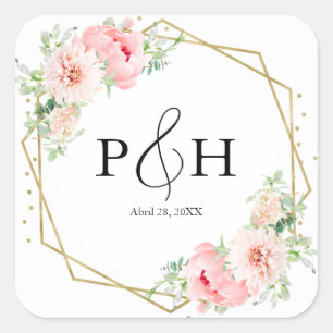Gold Foil Monogram Geometric Floral Wedding Square Sticker