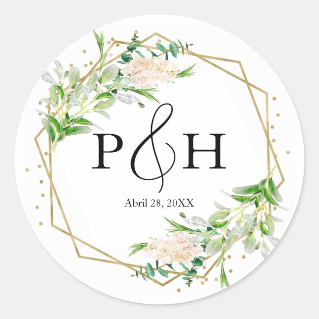 Gold Foil Monogram Geometric Greenery Wedding Classic Round Sticker (Front)