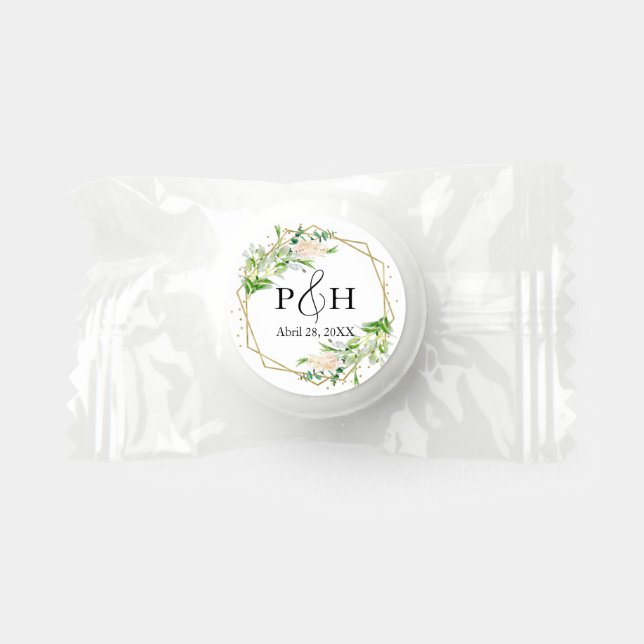 Gold Foil Monogram Geometric Greenery Wedding Life Saver® Mints (Front)
