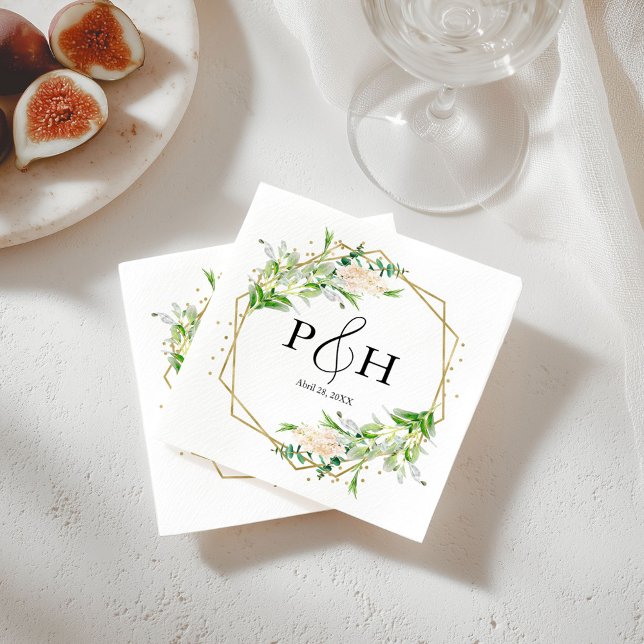 Gold Foil Monogram Geometric Greenery Wedding Napkins (Creator Uploaded)