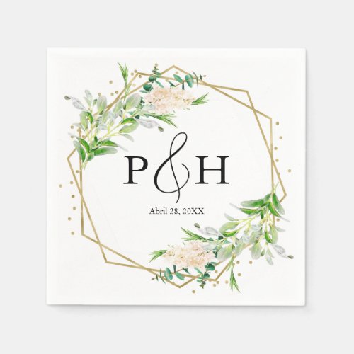 Gold Foil Monogram Geometric Greenery Wedding Napkins