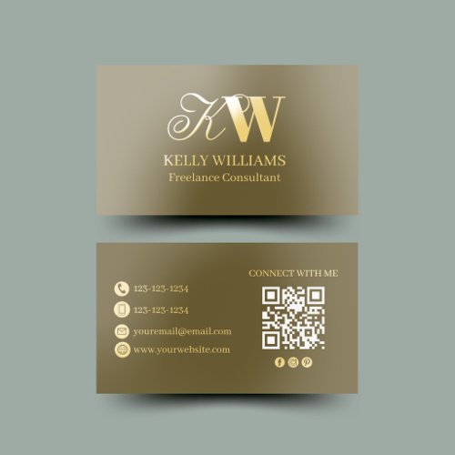 Gold Foil Monogram Minimalist Tan QR Code Business Cards