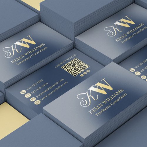 Gold Foil Monogram Navy Blue QR Code  Business Cards