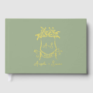 Gold Foil Monogram Sage Green Wedding Guest Book 