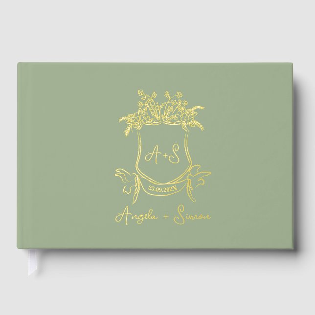Gold Foil Monogram Sage Green Wedding Guest Book  (Front)
