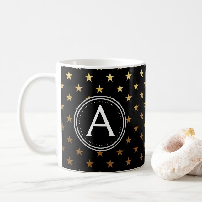 Gold Foil Monogram Stars Pattern Coffee or Tea Cup (With Donut)