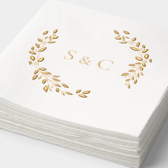 Gold Foil Monogram Wreath Elegant Wedding Napkins (Detail)