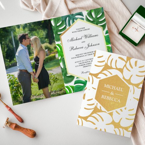 Gold Foil Monstera Tropical Wedding Invitation