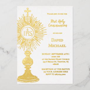 Gold foil monstrance First Holy Communion Invitation