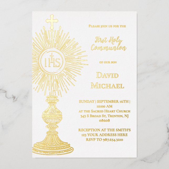 Gold foil monstrance | First Holy Communion Invitation (Front)