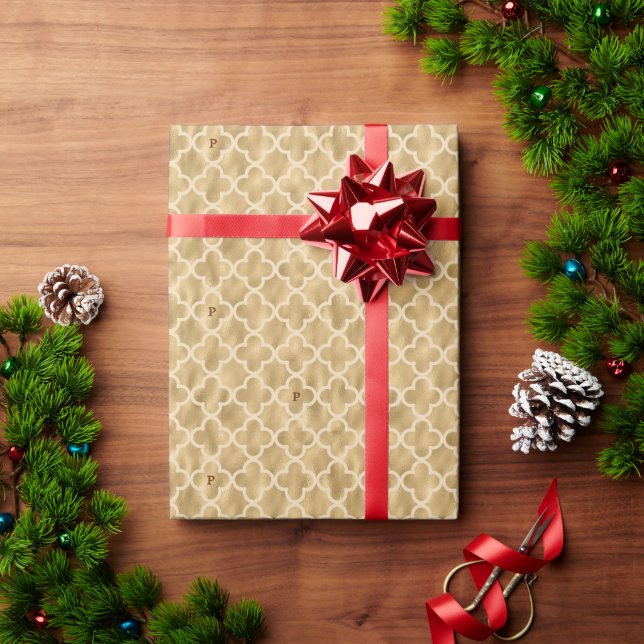 Gold Foil Moroccan Trellis Monogrammed Christmas Wrapping Paper (Holiday Gift)