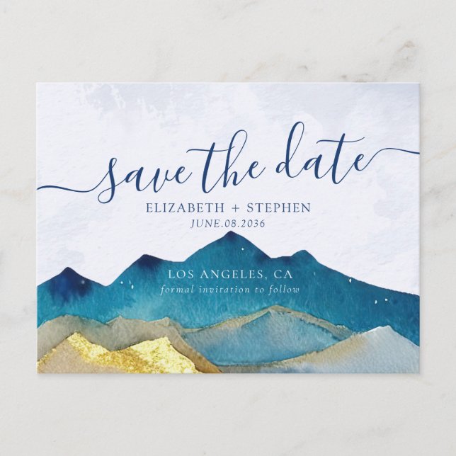 Gold Foil Mountains Wedding Photo Save the Date Announcement Postcard (Front)