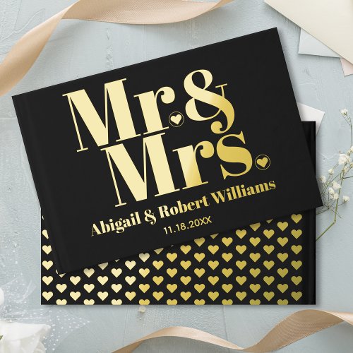 Gold foil Mr and Mrs typography black wedding Foil Guest Book