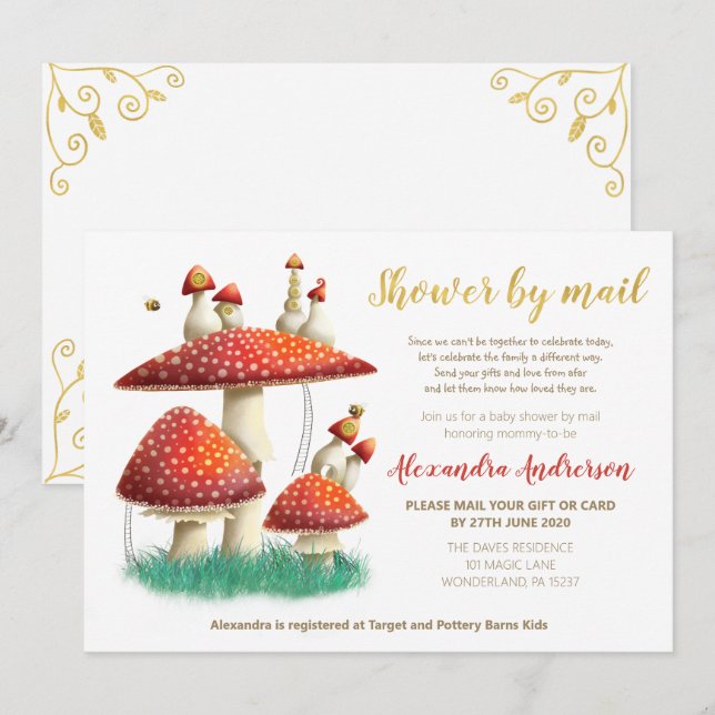 Gold foil mushroom & bees baby shower by mail invitation (Front/Back)