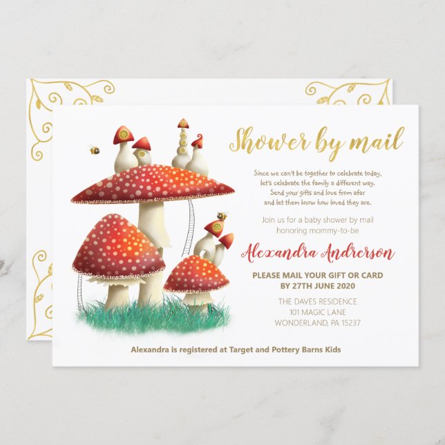 Gold foil mushroom & bees baby shower by mail invitation (Front/Back)