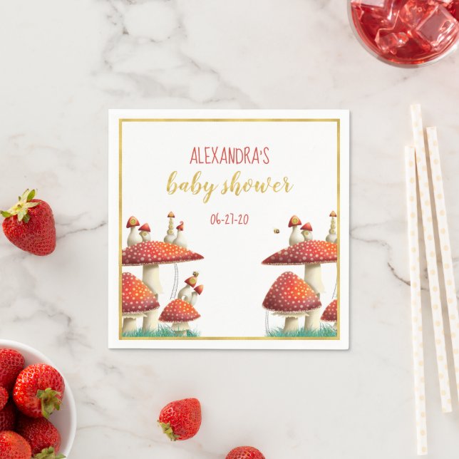 Gold foil mushroom & bees elegant baby shower napkins (Insitu)