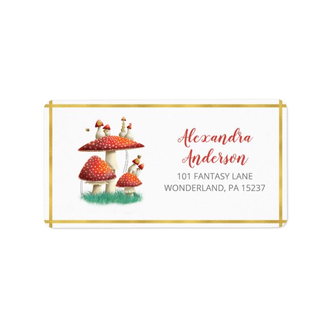 Gold foil mushrooms & bees, baby shower address label (Front)