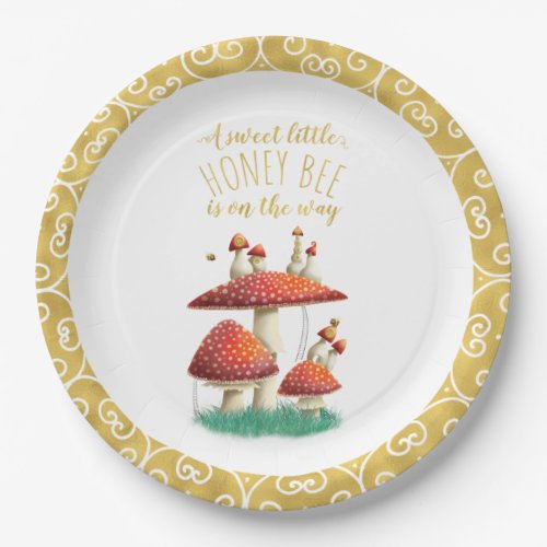 Gold foil mushrooms  bees baby shower paper plates