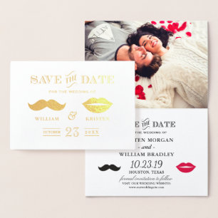 Gold Foil Mustache Lips Wedding Save the Date Card