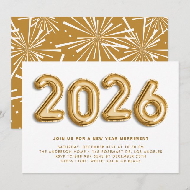 Gold Foil Mylar Balloons New Year's Eve Party Invitation (Front/Back)