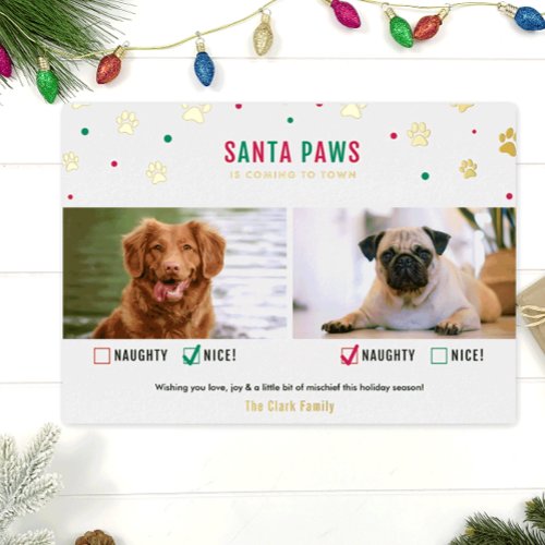 Gold Foil Naughty or Nice Two Dog Photo Card