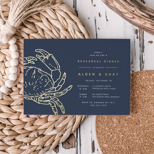Gold Foil Nautical Crab Rehearsal Dinner Foil Invitation (Creator Uploaded)