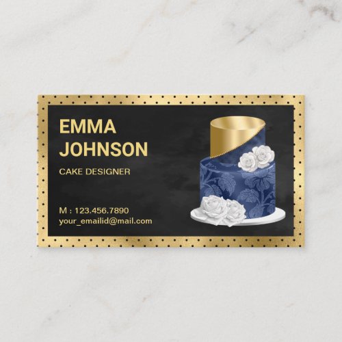 Gold Foil Navy Blue Floral Cake Pastry Chef Bakery Business Card