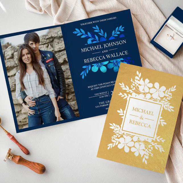 Gold Foil Navy Blue Floral Wedding Invitation | Zazzle